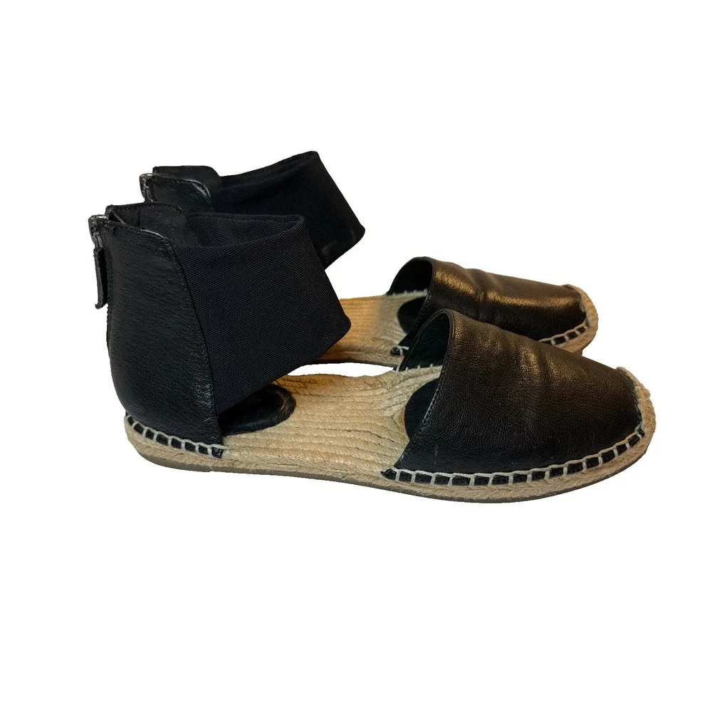 Eileen Fisher Leather Sandal Coy Espadrille Skimmer Flat Mesh Back Zip Black 7.5